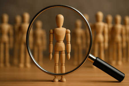 Magnifying glass focusing on a single wooden human figure, standing out from a blurred crowd of similar figures, symbolizing selection, recruitment, and individuality.の素材