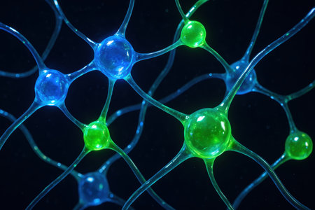 Abstract representation of a neural network featuring interconnected glowing blue and green nodes, symbolizing communication, data flow, and artificial intelligence in a technological context.の素材