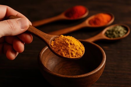 Hand holds a wooden spoon brimming with vibrant yellow turmeric powder, poised above a rustic wooden bowl, with other colorful spices blurred in the background.の素材