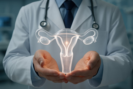 Doctor hands gently holding a glowing, transparent anatomical model of the female reproductive system, symbolizing women health, fertility, and medical care.の素材