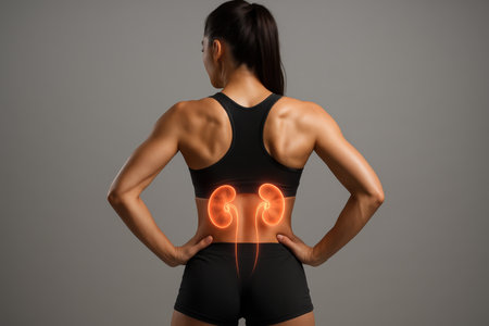 Fit woman from behind with hands on hips, showcasing glowing kidneys on her lower back. concept of human organ health, wellness, and fitness.の素材