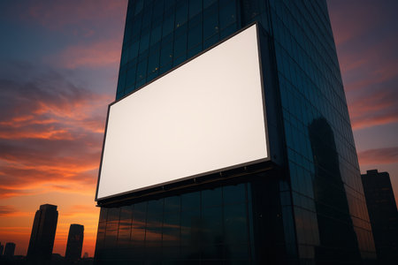 Blank white rectangular billboard on a modern glass skyscraper facade, set against a vibrant orange and purple sunset sky in an urban environment.の素材