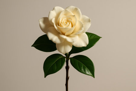 Cream gardenia flower with lush green leaves and a sturdy stem, showcasing its delicate petals and natural beauty in a studio setting.の素材