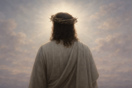 Jesus christ, wearing a crown of thorns, seen from behind, looking towards a bright, diffused light in a cloudy sky, symbolizing hope and spirituality.の素材