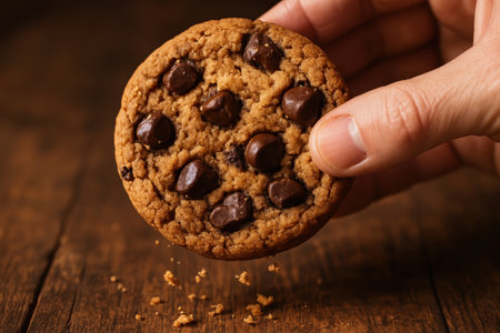 Delicious chocolate chip cookie held by a hand, with crumbs falling onto a rustic dark wooden table. perfect for snack, dessert, or bakery concepts.の素材