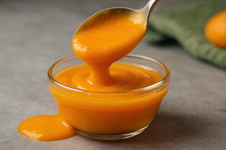 Thick orange mango puree pouring from a silver spoon into a clear glass bowl. smooth, vibrant, and glossy texture with a small spill on the grey surface.の素材