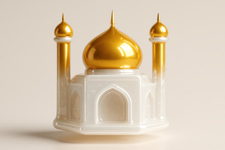Stylized mosque structure with a prominent golden dome and two slender minarets, featuring a modern, glossy white finish. ideal for islamic celebration and religious themes.の素材
