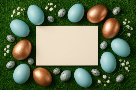 Blank cream rectangular card centered on lush green grass, surrounded by blue, gold, and speckled easter eggs with delicate white flowers. ideal for spring and holiday greetings.の素材