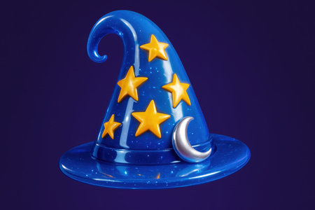 Blue wizard hat with golden stars and a silver crescent moon. a whimsical and magical accessory for fantasy, spellcasting, and enchantment concepts.の素材