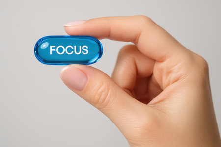 Female hand holding a blue transparent capsule with the word FOCUS, symbolizing concentration, attention, and mental clarity.の素材