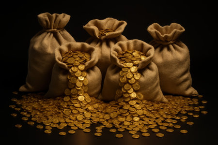 Burlap sacks filled with shiny gold coins overflowing onto a black surface. represents financial success, treasure, and prosperity.の素材