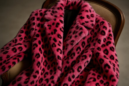 Vibrant pink faux fur coat featuring a striking black leopard spot pattern, elegantly draped over a classic vintage armchair. stylish and luxurious fashion.の素材