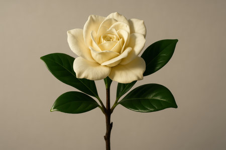 Single cream gardenia flower with deep green leaves and a dark brown stem, showcasing its delicate petals and natural beauty. ideal for botanical, floral, and nature themed designs.の素材