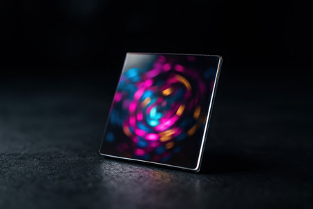 Square mirrored tile reflecting vibrant, swirling abstract lights in pink, blue, and orange on a dark, textured surface, creating a dynamic visual effect.の素材