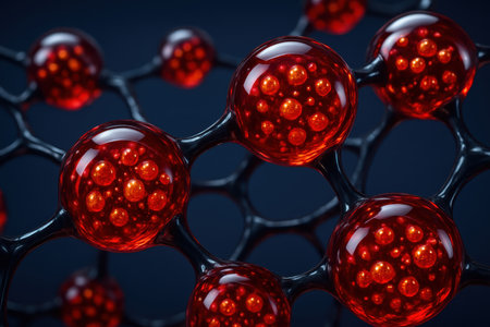 Interconnected translucent red spheres forming an advanced bio engineered cellular network, representing microscopic structures or medical concepts.の素材