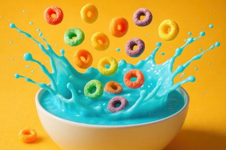 Vibrant, ring shaped cereal pieces splash into a bowl of bright blue milk, creating an energetic and colorful motion against a yellow backdrop.の素材