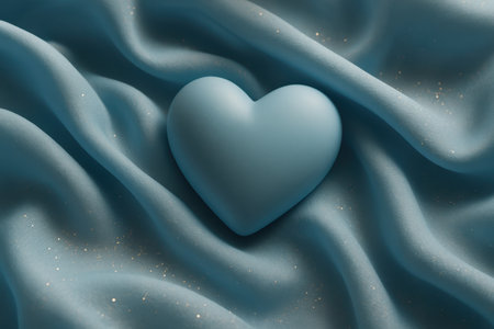 Smooth light blue heart resting gently on soft, flowing, draped silk fabric. the elegant texture and subtle sparkles create a serene and tender atmosphere, perfect for themes of love, romance, and tranquility.の素材
