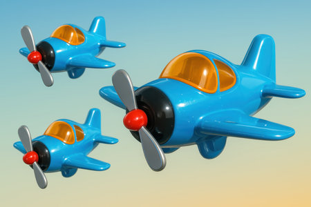 Three bright blue cartoon airplanes with propellers and orange cockpits flying in a cheerful formation, symbolizing travel, adventure, and childhood fun.の素材