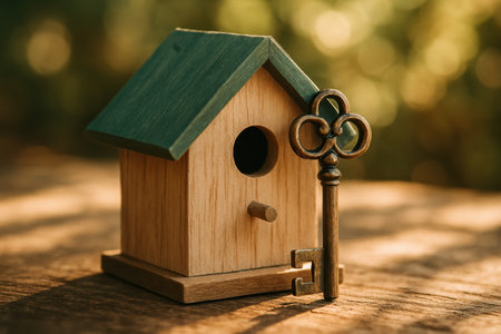 Small wooden birdhouse with a green roof next to a vintage brass skeleton key, resting on a textured wooden surface in natural light.の素材