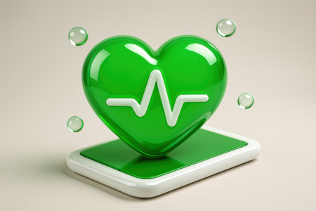 Glossy green heart icon with a white pulse line, symbolizing health and digital care, emerging from a modern smartphone. transparent bubbles float around, representing wellness and medical technology.の素材