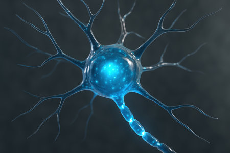 Detailed 3D representation of a neuron, showing its cell body, dendrites, and axon, with a bright, glowing nucleus. symbolizes brain activity, intelligence, and neurological processes.の素材