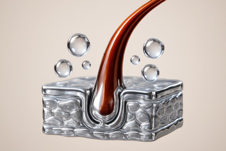 Close up of a hair follicle cross section with a brown hair strand, surrounded by clear liquid bubbles, symbolizing hair growth, strength, and hydration.の素材