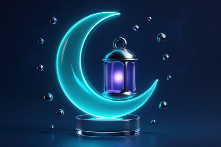 Sleek glowing teal crescent moon with a purple illuminated lantern, surrounded by metallic orbs on a dark background, symbolizing modern celebration.の素材