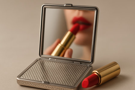 Woman applying red lipstick, reflected in an open silver compact mirror, with a gold lipstick tube resting beside it. focus on beauty and makeup routine.の素材
