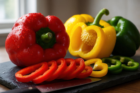 Fresh red, yellow, and green bell peppers, whole and sliced, with water droplets on a dark slate cutting board with a knife. healthy cooking ingredients.の素材