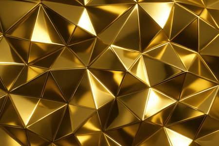 Gold geometric faceted surface with a shiny, reflective metallic texture. abstract pattern creating a modern and luxurious background.の素材
