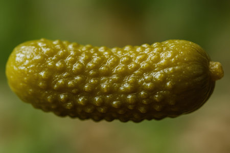 Single small dill pickle gherkin in a detailed close up macro shot, highlighting its bumpy, wrinkled texture and glistening surface with a blurred green background.の素材