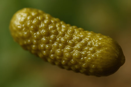 Single small dill pickle, also known as a gherkin, captured in a detailed close up macro shot. its bumpy, wrinkled texture and glistening surface are clearly visible, highlighting its fresh and crisp appearance.の素材