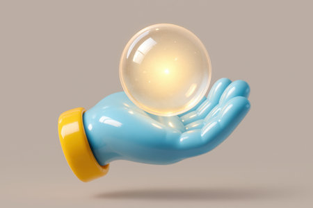 Glossy light blue cartoon hand with a yellow cuff holding a delicate, glowing glass sphere. the transparent orb radiates a warm light, symbolizing ideas, energy, or future concepts.の素材