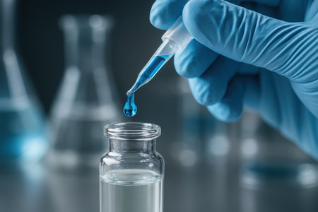 Gloved hand precisely dropping blue liquid from a pipette into a clear glass vial, with blurred laboratory glassware in the background, symbolizing scientific research and development.の素材