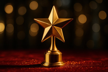 Polished gold star award trophy standing on a sparkling red surface, illuminated by warm, blurred bokeh lights in the background, symbolizing success and achievement.の素材
