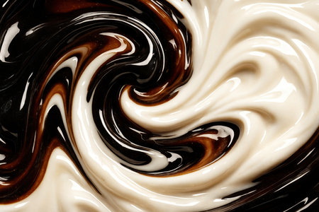Abstract close up of dark and light liquids swirling together, creating a glossy, dynamic, and fluid pattern. ideal for backgrounds and textures.の素材