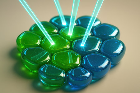 Microscopic view of green and blue plant cells receiving focused light beams. concept of cellular therapy, biotechnology, and scientific research.の素材