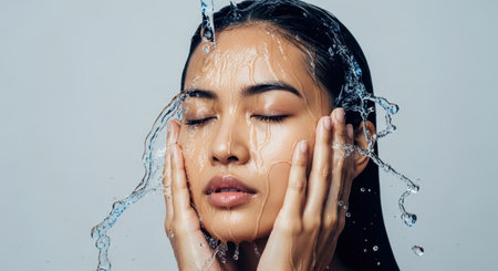 Young woman with closed eyes washing her face with clear water, symbolizing freshness, purity, and skincare. studio shot.の素材