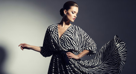 Elegant woman in a flowing black and white zebra print dress, posing gracefully in a studio with dramatic lighting. high fashion style and sophisticated look.の素材