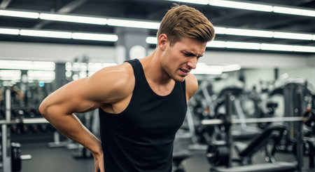 Athletic young man clutching his lower back in pain while standing in a gym. he appears to be suffering from an injury or muscle strain during his workout.の素材