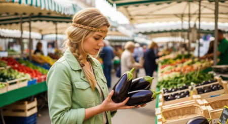 Young woman holding fresh dark purple eggplants while shopping at a vibrant outdoor farmers market with various produce stalls.の素材