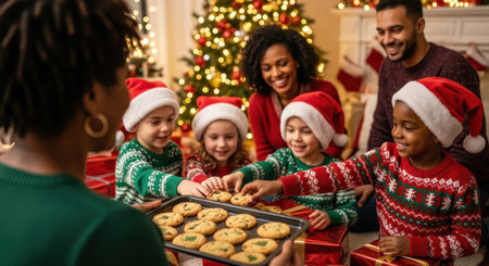 Joyful diverse family celebrating christmas in a cozy home, children wearing santa hats and festive sweaters, reaching for freshly baked cookies from a tray.の素材