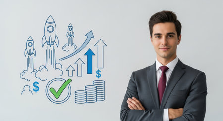 Young businessman in a suit standing confidently, with illustrations of rockets launching, upward arrows, coin stacks, and a checkmark symbolizing startup, business growth, success, and financial achievement.の素材