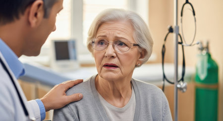 Concerned senior woman wearing glasses, receiving comfort from a male doctor in a hospital room, discussing health.の素材