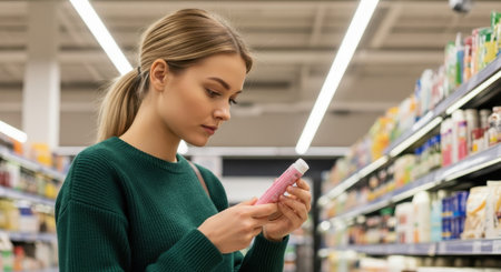 Young blonde woman in a supermarket aisle carefully examining a pink product tube, focusing on its label and ingredients for an informed purchase.の素材