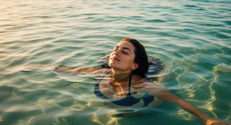 Relaxed woman with closed eyes floating peacefully on her back in clear ocean water, bathed in warm golden hour light. serenity and summer vacation concept.の素材