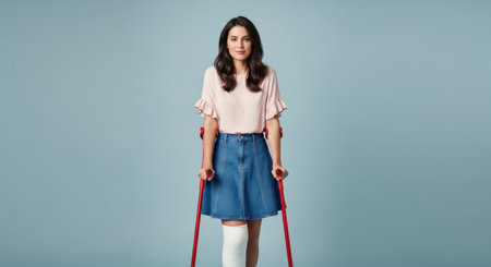 Young woman with a white cast on her leg and red crutches standing against a plain blue background. she looks at the camera, representing concepts of injury, recovery, and rehabilitation.の素材