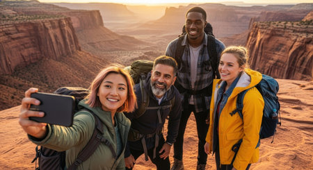 Four diverse friends, two men and two women, taking a group selfie with a smartphone on a mountain cliff overlooking a vast desert canyon landscape during sunset.の素材