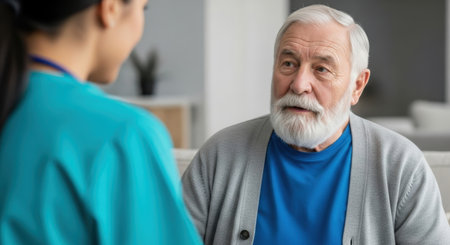Elderly man with grey hair and beard listening attentively to a healthcare professional during a home visit consultation.の素材