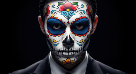 Man face with intricate, colorful sugar skull makeup, featuring floral patterns and bold eye designs, against a dark background.の素材